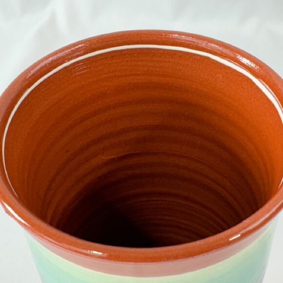 Mexican Aztec Style Terra Cotta Handmade Pottery Art Vase Teal Signed by Artist